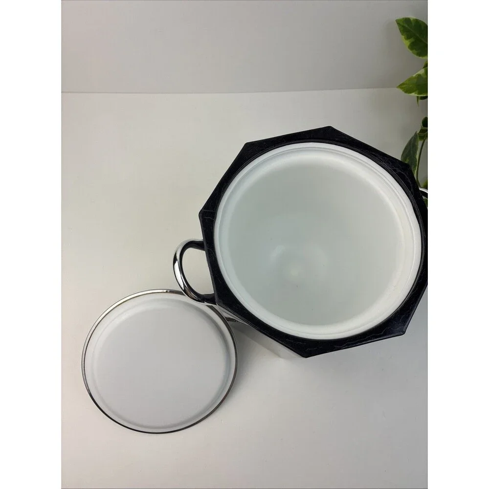 Ice Bucket Vintage 80s Elegance Kraftware Black Marble Silver Lid Handle USA
